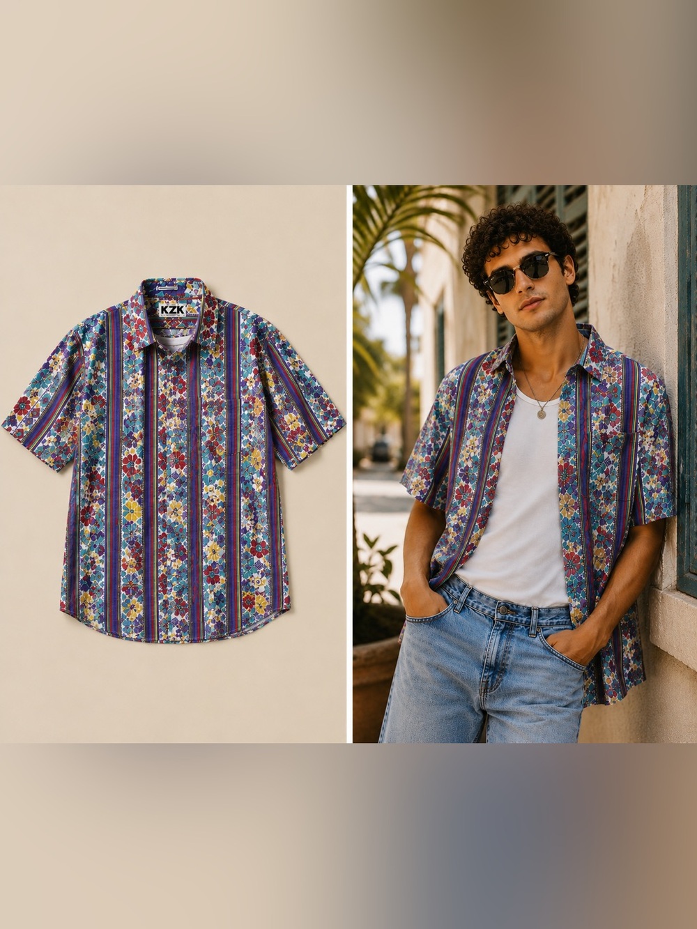 90s KZK Vintage Multicolor Floral Print Button Up Shirt Size M Tropical Retro